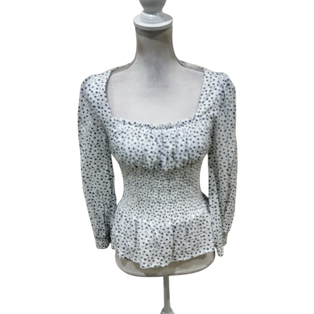 Princess Polly White Peplum Smocked Blouse with Black starburst Print size 4